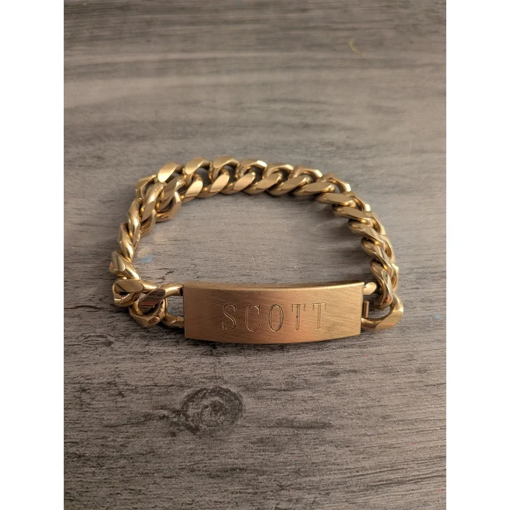 Speidel USA Mens‎ Gold Tone Curb Chain ID Bracelet Engraved Scott Vintage Style